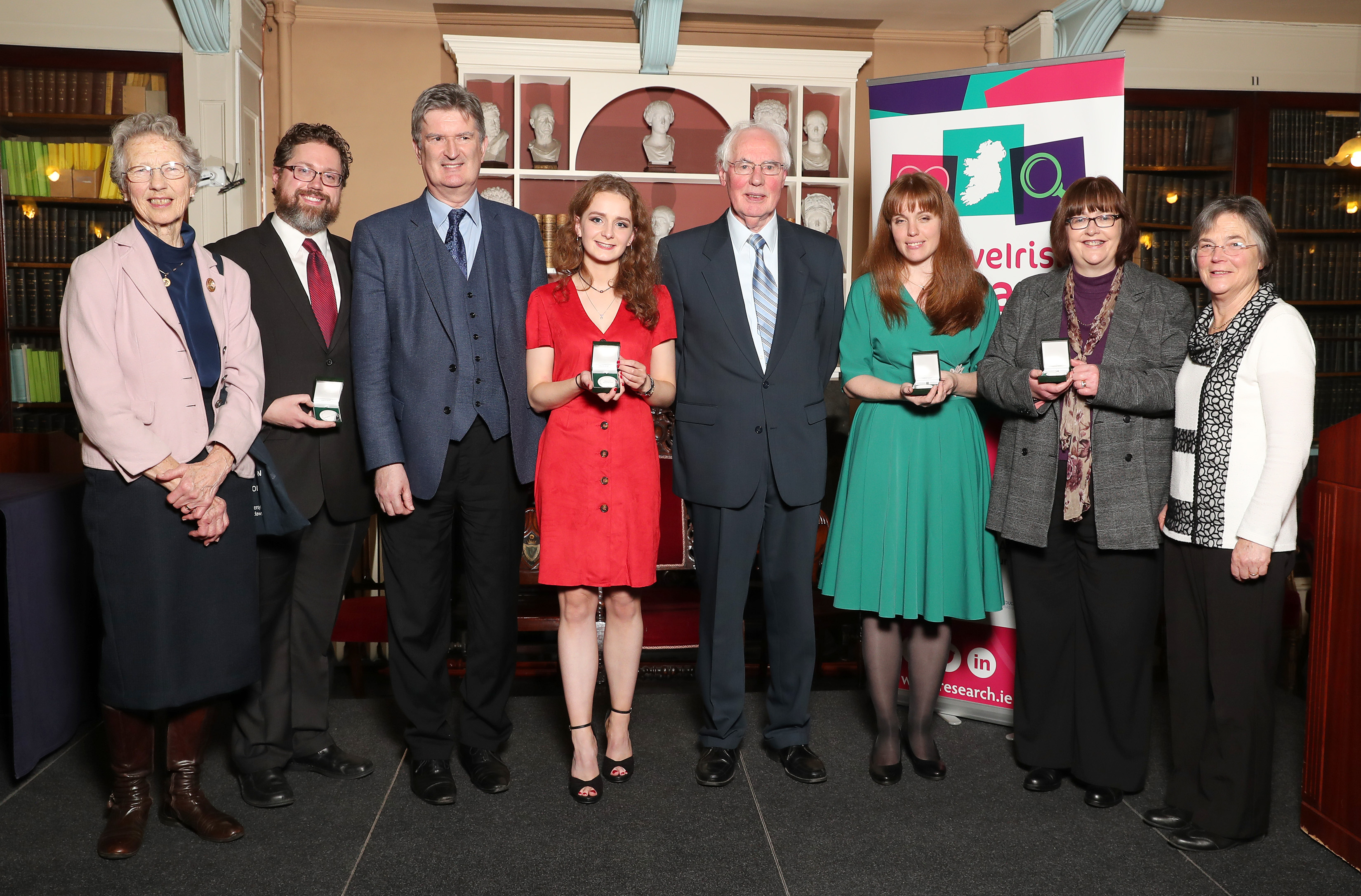 From left: Professor Eda Sagarra, Dr Stephen Lucek, Professor Maurice J Bric, Hannah Prendeville, Professor Thomas Mitchell, Joanna Poetz, Professor Anita Maguire (accepting on behalf of Dr Rohit Sharma), and Professor Jane Grimson.
