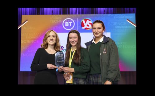 IRC Director Dr Louise Callinan presents Ava Clare and Sophie Brennan with the IRC Special Award at the BT Young Scientist and Technology Exhibition
