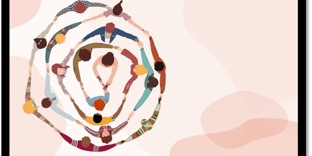 Image of a spiral composed of illustrated people holding hands, viewed from above.