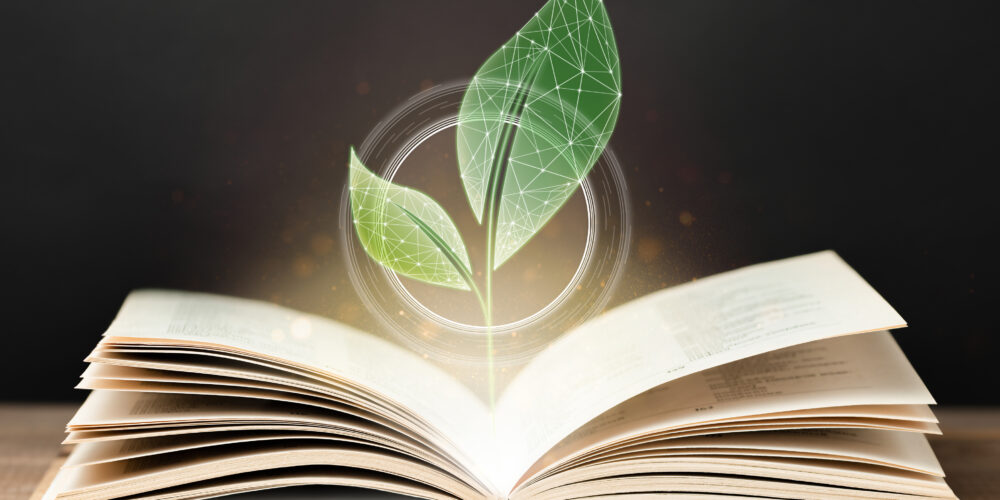 Leaf sprouting out of a book