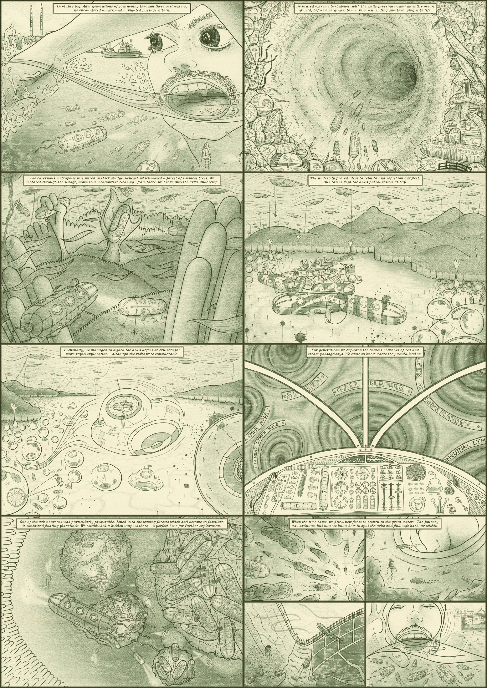 Image of how typhoid travels through the human body in a graphic novel form. Artwork by Elisa Wolfson